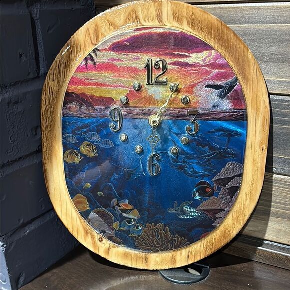 Hawaiian Sunset Ocean Scene Wall Clock with Wooden Frame - Picture 1 of 6